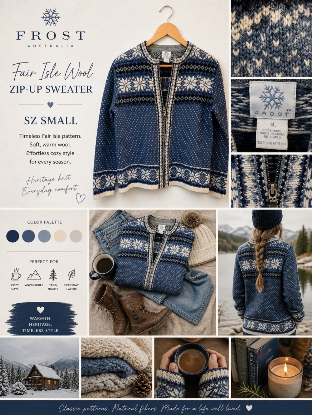Frost Australia Fair Isle Wool Zip-Up Sweater Cardigan Blue Ivory Sz Small